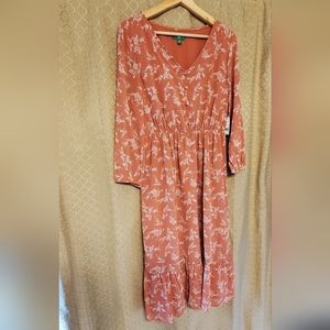 Salmon Modest Long Sleeve Midi Dress